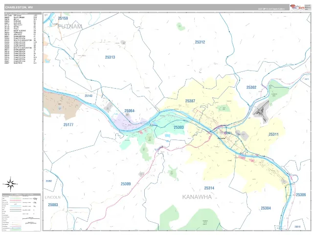Charleston, WV ZIP Code Wall Map, Classic style