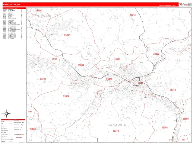 Charleston, WV ZIP Code Wall Map, RedLine style