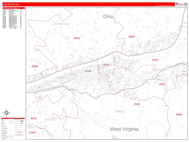 Huntington, WV ZIP Code Wall Map, RedLine style