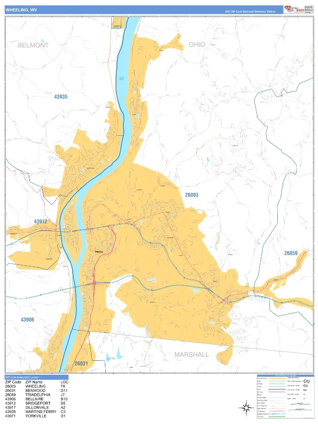 Wheeling, WV ZIP Code Wall Map, Business Reference style
