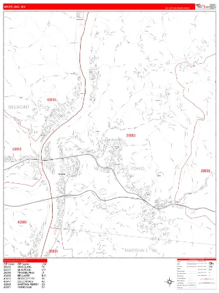 Wheeling, WV RedLine style ZIP Code wall map