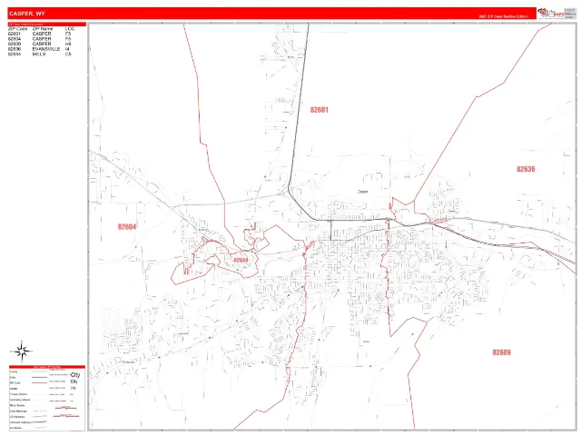 Casper, WY ZIP Code Wall Map, RedLine style
