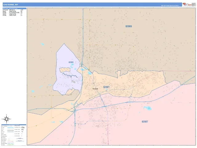 Cheyenne, WY ZIP Code Wall Map, ColorCast style