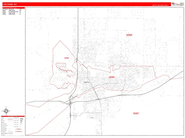Cheyenne, WY ZIP Code Wall Map, RedLine style