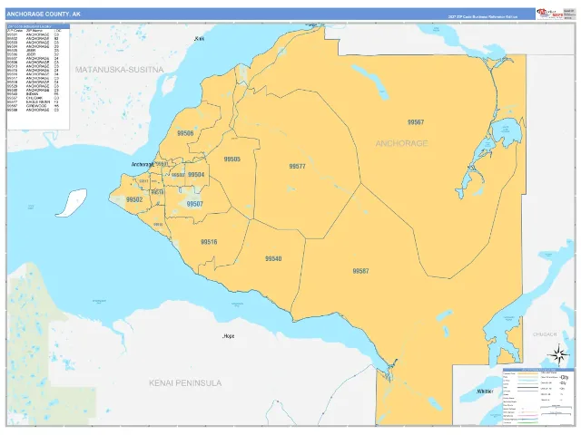 Anchorage County, AK ZIP Code Wall Map, Business Reference style