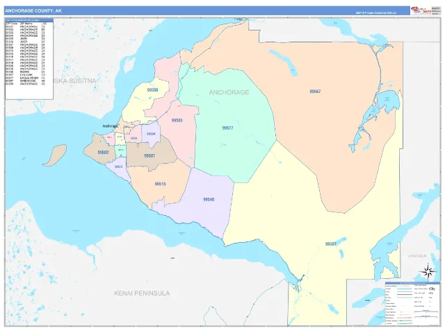 Anchorage County, AK ZIP Code Wall Map, ColorCast style