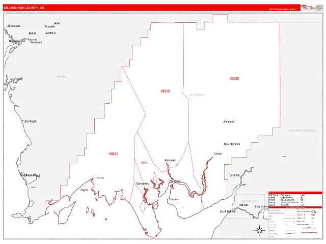 Dillingham County, AK ZIP Code Wall Map, RedLine style