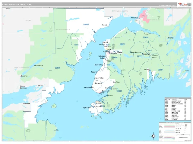 Kenai Peninsula County, AK ZIP Code Wall Map, Classic style