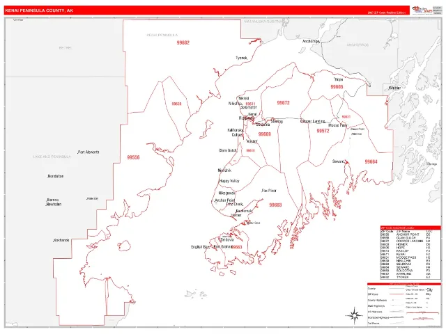 Kenai Peninsula County, AK ZIP Code Wall Map, RedLine style
