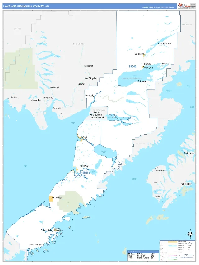 Lake and Peninsula County, AK ZIP Code Wall Map, Business Reference style