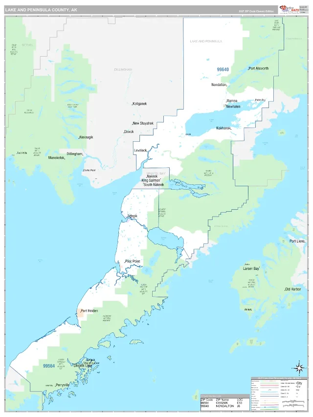 Lake and Peninsula County, AK ZIP Code Wall Map, Classic style