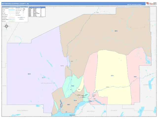 Matanuska-Susitna County, AK ZIP Code Wall Map, ColorCast style