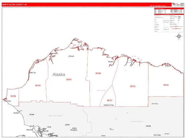North Slope County, AK ZIP Code Wall Map, RedLine style