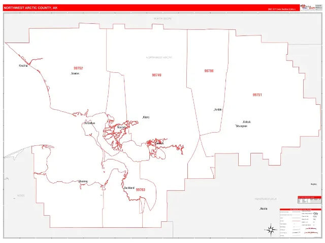 Northwest Arctic County, AK ZIP Code Wall Map, RedLine style