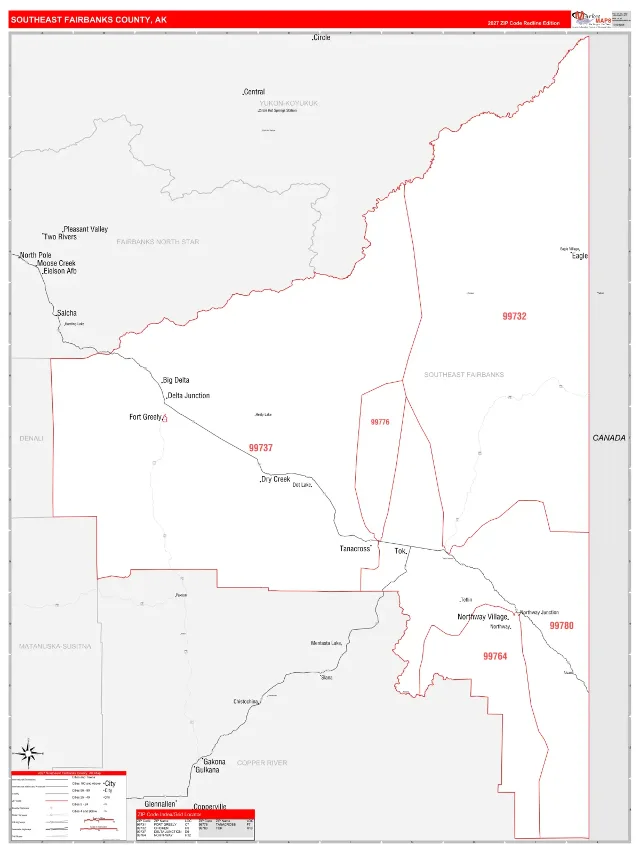 Southeast Fairbanks County, AK ZIP Code Wall Map, RedLine style