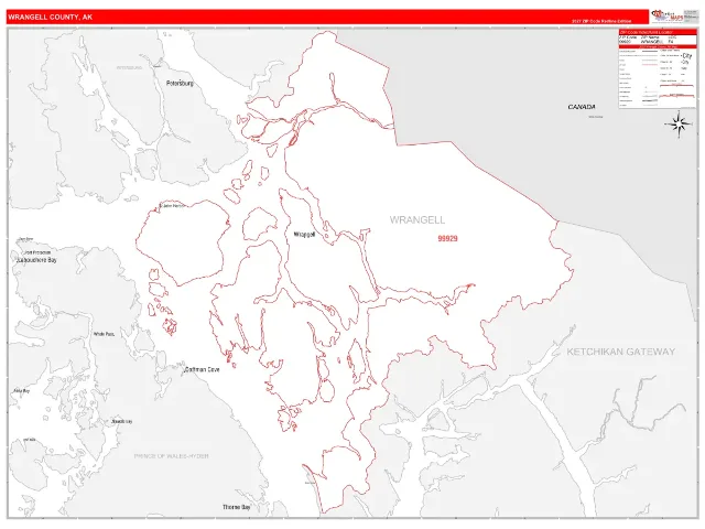 Wrangell County, AK ZIP Code Wall Map, RedLine style