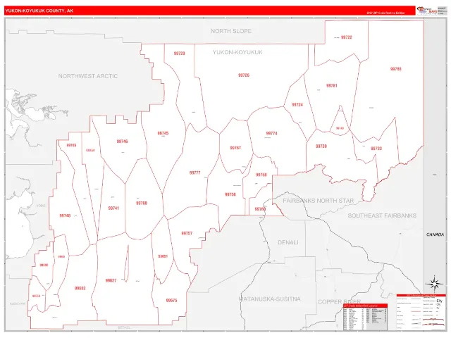 Yukon-Koyukuk County, AK ZIP Code Wall Map, RedLine style