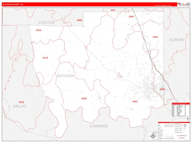 Autauga County, AL ZIP Code Wall Map, RedLine style