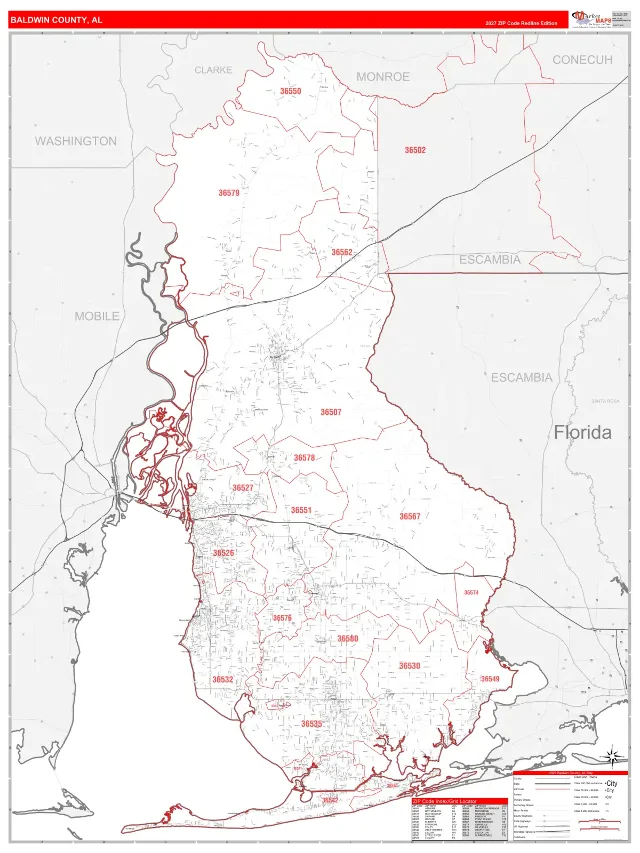 Baldwin County, AL ZIP Code Wall Map, RedLine style