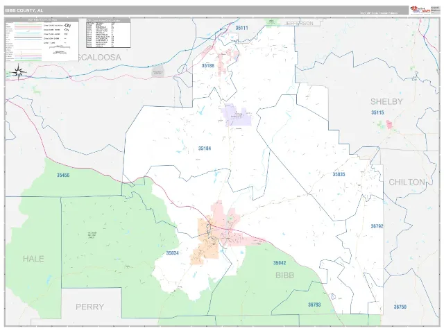 Bibb County, AL ZIP Code Wall Map, Classic style