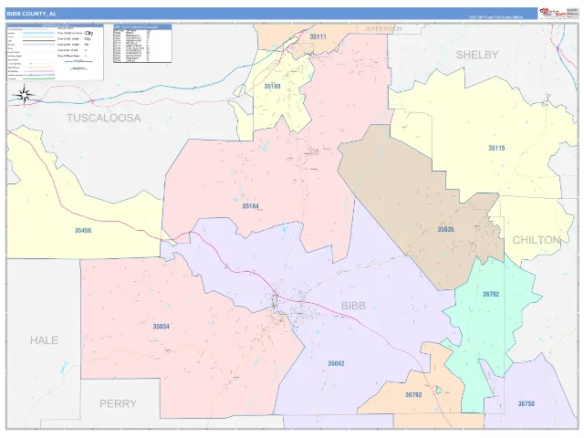 Bibb County, AL ZIP Code Wall Map, ColorCast style