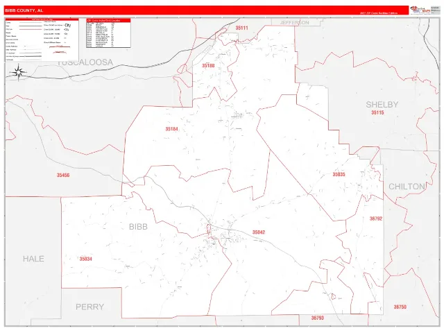 Bibb County, AL ZIP Code Wall Map, RedLine style