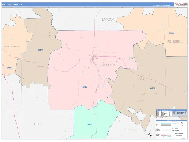 Bullock County, AL ZIP Code Wall Map, ColorCast style