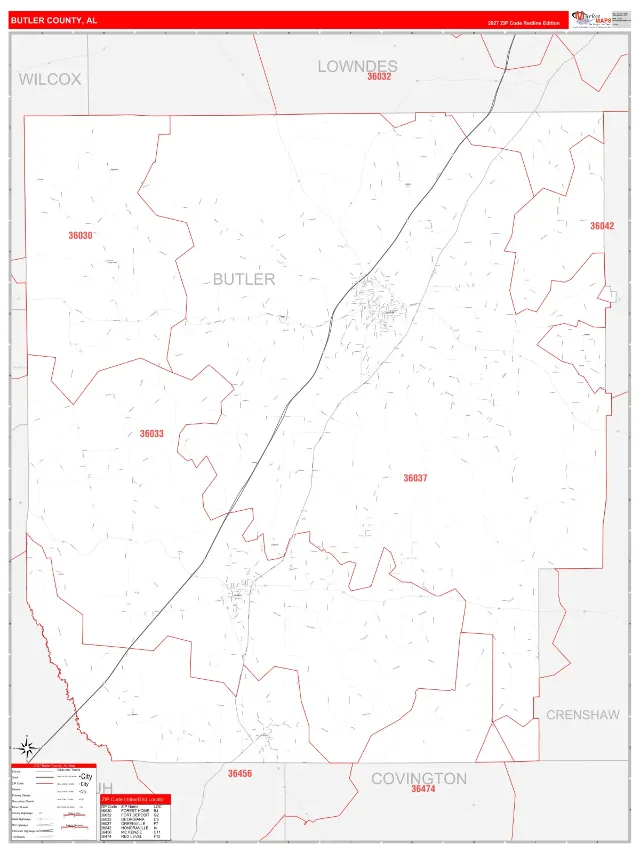 Butler County, AL ZIP Code Wall Map, RedLine style