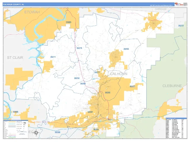 Calhoun County, AL ZIP Code Wall Map, Business Reference style