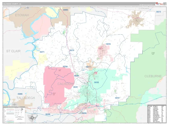 Calhoun County, AL ZIP Code Wall Map, Classic style