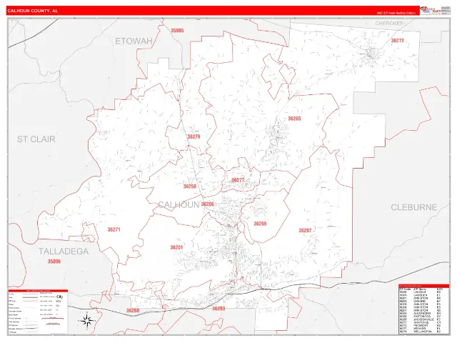 Calhoun County, AL ZIP Code Wall Map, RedLine style