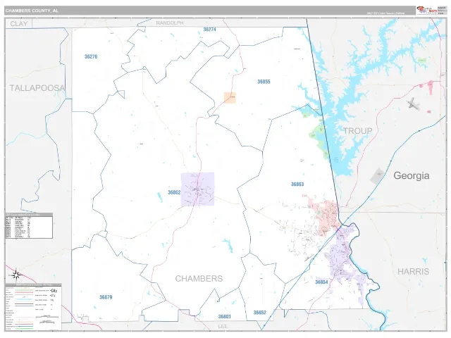 Chambers County, AL ZIP Code Wall Map, Classic style