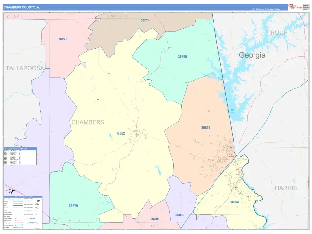 Chambers County, AL ZIP Code Wall Map, ColorCast style