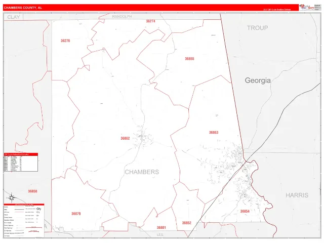 Chambers County, AL ZIP Code Wall Map, RedLine style