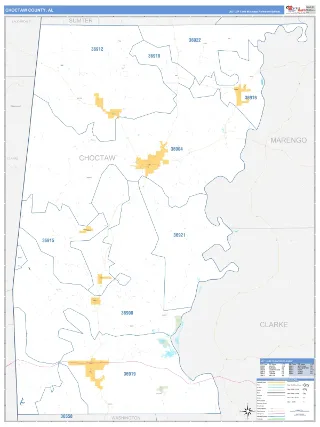 Choctaw County, AL Business Reference style ZIP Code wall map