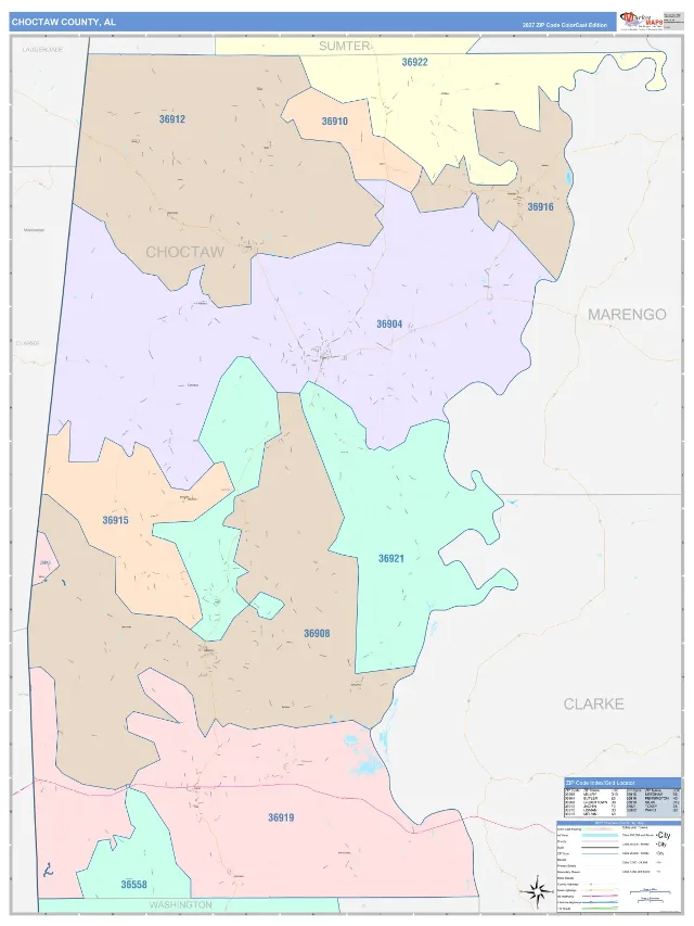 Choctaw County, AL ZIP Code Wall Map, ColorCast style