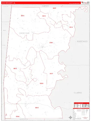 Choctaw County, AL RedLine style ZIP Code wall map