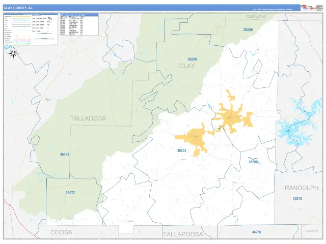 Clay County, AL ZIP Code Wall Map, Business Reference style