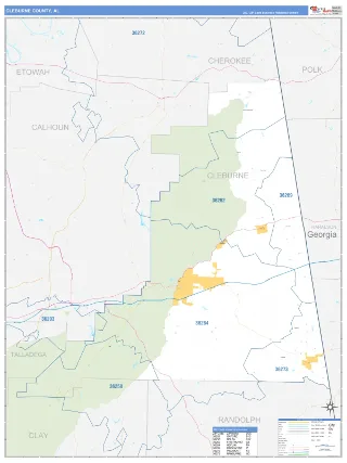 Cleburne County, AL Business Reference style ZIP Code wall map