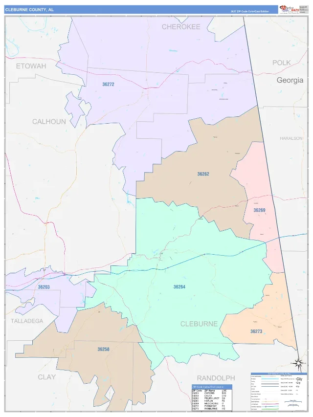 Cleburne County, AL ZIP Code Wall Map, ColorCast style