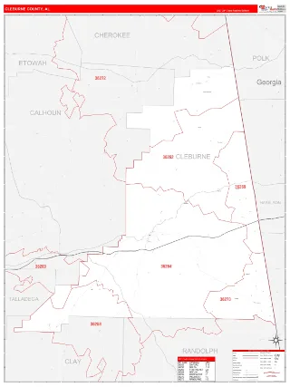 Cleburne County, AL RedLine style ZIP Code wall map