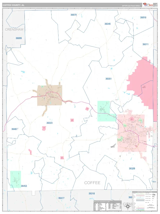 Coffee County, AL ZIP Code Wall Map, Classic style