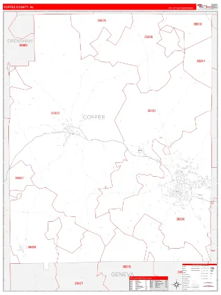 Coffee County, AL RedLine style ZIP Code wall map
