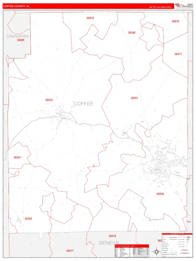 Coffee County, AL ZIP Code Wall Map, RedLine style
