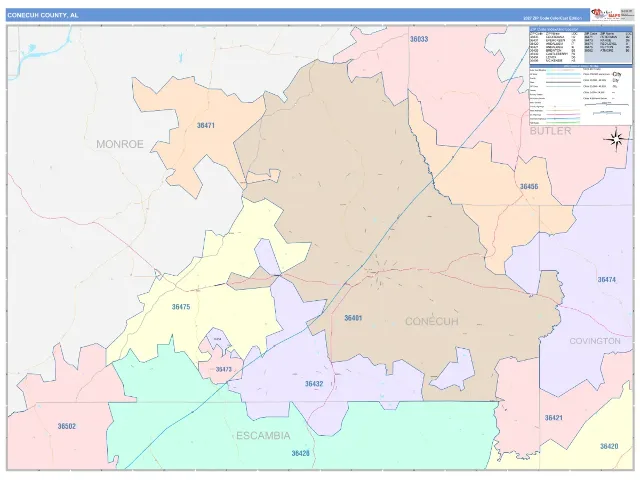 Conecuh County, AL ZIP Code Wall Map, ColorCast style