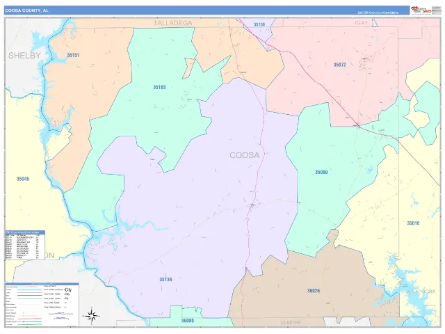 Coosa County, AL ZIP Code Wall Map, ColorCast style