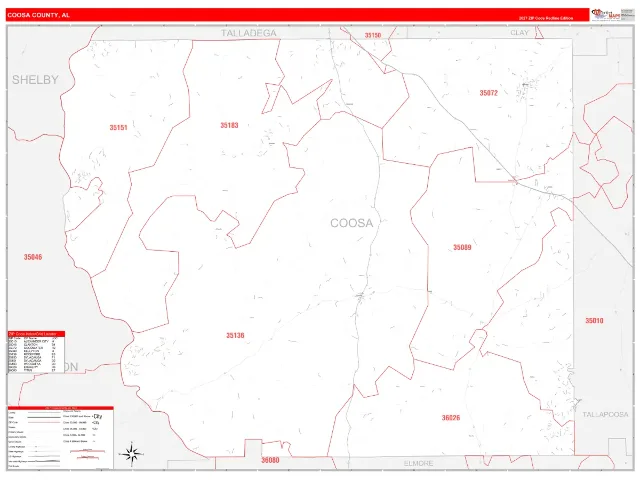 Coosa County, AL ZIP Code Wall Map, RedLine style