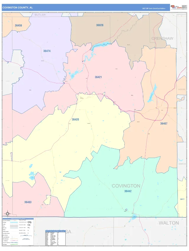 Covington County, AL ZIP Code Wall Map, ColorCast style