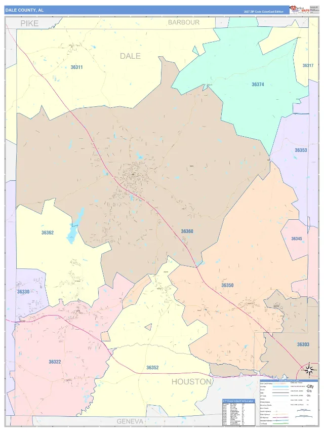 Dale County, AL ZIP Code Wall Map, ColorCast style