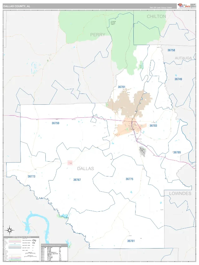 Dallas County, AL ZIP Code Wall Map, Classic style